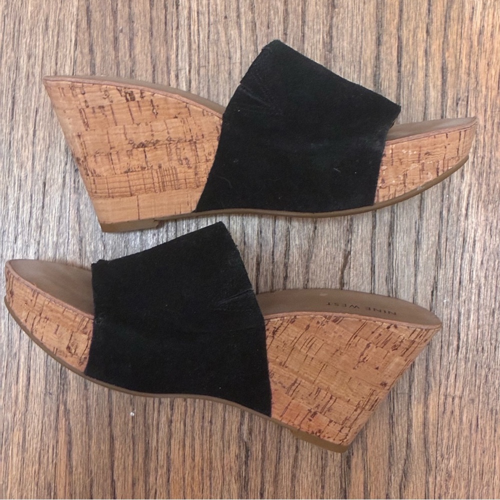 Nine West Black Cork Wedge Sandals 7.5